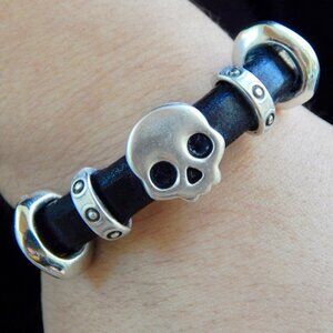 Leather Bracelet - Regaliz Licorice Leather - Punisher Skull -Fits 8" Wrist